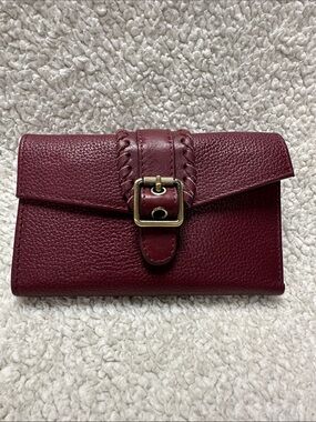 Pebbled Burgundy Genuine Leather Wallet with Buckle Strap, Whipstitch Details
